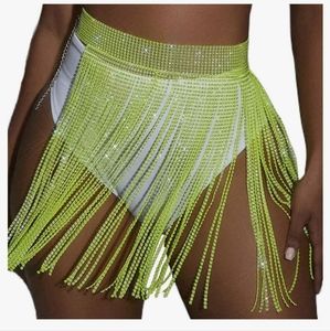 Lime Green Rhinestone Fringe Rave Skirt